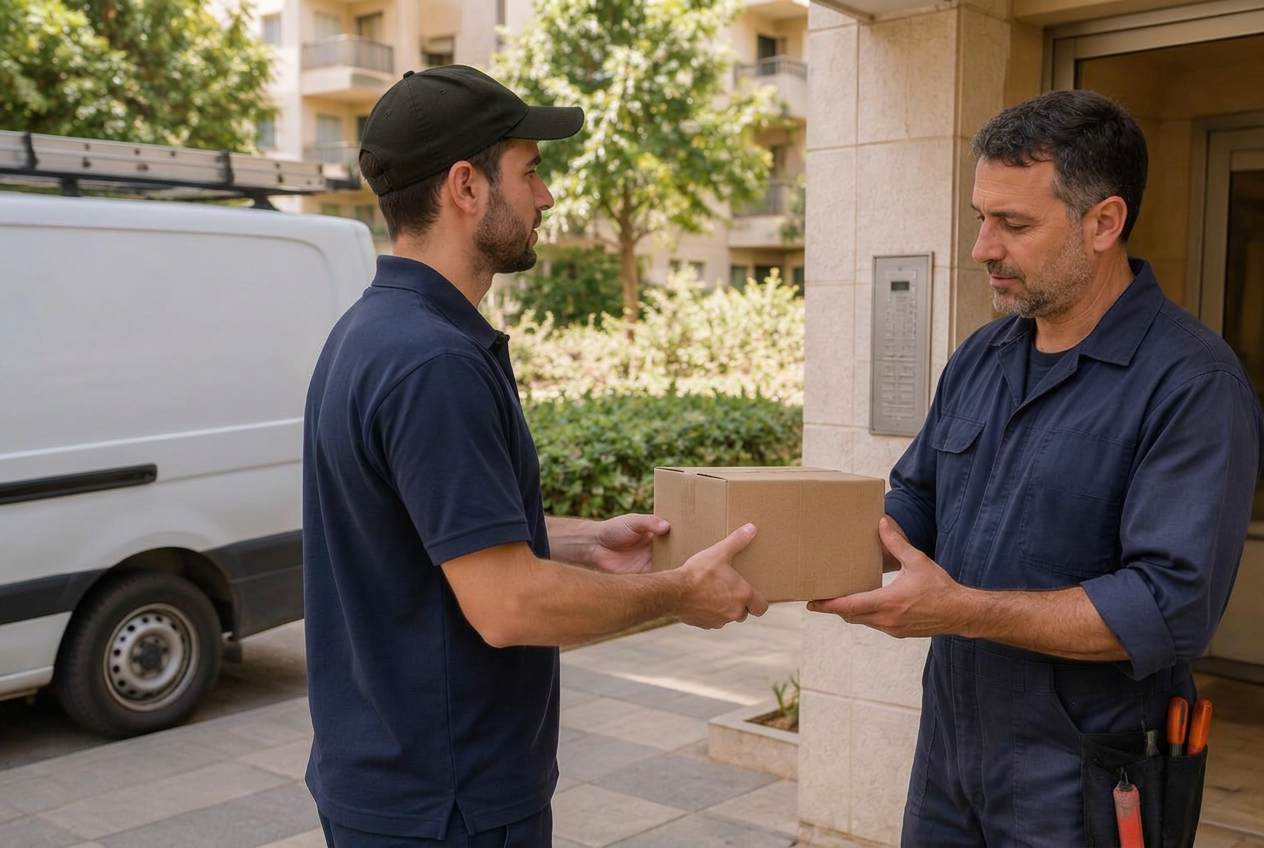 שליח מוסר קופסה עם חלק חילוף לטכנאי דודים בכניסה לבניין מגורים